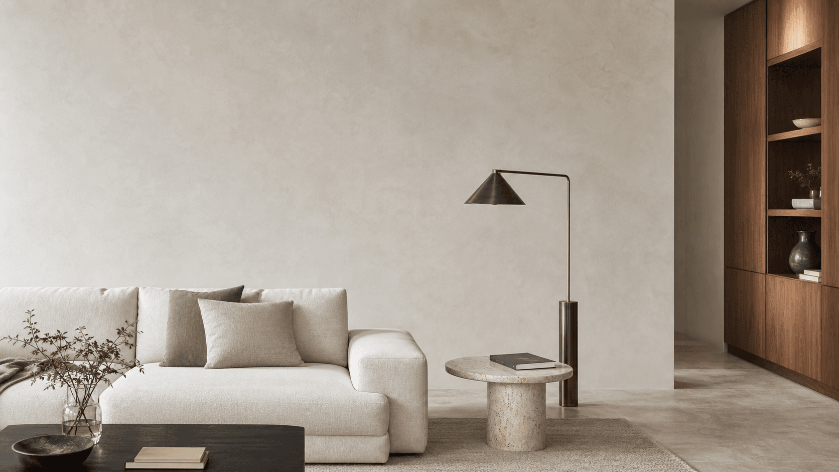 Quiet contemporary living room with warm natural materials